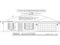 Front elevation Blueprint of single story home with two windows and garage with roof pitch, dimensions and construction details at 2065 East Pkwy, Deland, FL 32724