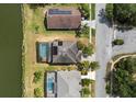 Aerial view of homes with swimming pools and solar panels showcasing the neighborhood layout and waterfront access at 2803 Boating Blvd, Kissimmee, FL 34746