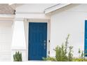 Close-up of a blue front door with a white frame, complemented by modern hardware and manicured landscaping at 707 Staffora St, Haines City, FL 33844