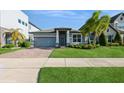 Beautiful home showcasing a well-maintained lawn, brick driveway, and complemented by mature palm trees and blue sky at 1757 Standing Rock Cir, Oakland, FL 34787