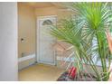 Close-up of a white-framed screen door, surrounded by lush tropical plants and colorful accents at 618 Meadow Park Dr, Minneola, FL 34715