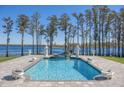 Inviting in-ground pool with a waterfall feature and scenic lake views at 6139 Greatwater Dr, Windermere, FL 34786