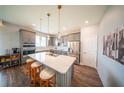Open concept kitchen featuring a large island with seating, stainless steel appliances, and gray cabinetry at 1631 Pontiff Pl, Davenport, FL 33896
