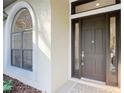 Close-up view of the front entrance with an elegant door and a window providing ample natural light at 502 Canopy Ln, Lady Lake, FL 32159