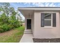 Close-up view of the front door with a modern light fixture and fresh landscaping at 31836 Sybil Ave, Sorrento, FL 32776