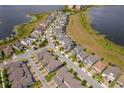 An aerial view of a modern townhome community nestled between two serene lakes at 6132 Bimini Twist Loop, Orlando, FL 32819