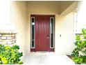 A red front door flanked by side lights is surrounded by lush green landscaping at 1062 Rock Creek St, Apopka, FL 32712
