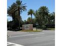Community entrance sign surrounded by mature landscaping and palm trees against a clear sky at 11863 Delfina Ln, Orlando, FL 32827