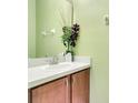 Bright bathroom with a single sink vanity, white countertop, framed mirror, and fresh paint at 6636 S Goldenrod Rd # 116B, Orlando, FL 32822