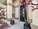 Close-up of a home's front door with decorative accents, plants and a 'Welcome Home' sign at 1319 Castleport Rd, Winter Garden, FL 34787