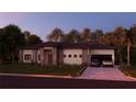 Beautiful single-story home with gray and white color scheme, manicured lawn, and a spacious two-car garage at dusk at 12818 Brunello Cir, Clermont, FL 34711