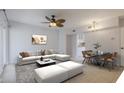 Bright living room boasts modern furnishings, a ceiling fan, and seamless access to dining area and kitchen at 151 N Orlando Ave # 204, Winter Park, FL 32789