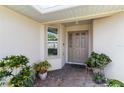 Covered front porch featuring a neutral door, window, and potted plants adding a touch of nature at 2640 Shelby Ruth Pl, St Cloud, FL 34769