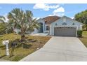 Single story light blue home with a large gray garage door and a palm tree in the front yard at 10 Alicante Ct, Kissimmee, FL 34758