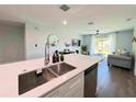 Modern kitchen featuring stainless steel sink, gray cabinets, and an open concept design at 14 Fir Trail Way, Ocala, FL 34472