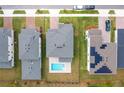 Birds eye view of home with grey roof including private backyard pool, surrounded by green lawn and neighboring homes at 2841 Willowseed Ln, St Cloud, FL 34772
