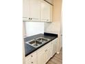 Galley kitchen features a stainless steel double sink, black counter, and white cabinets at 860 N Orange Ave # 371, Orlando, FL 32801