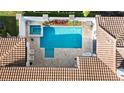 Aerial view of the pool and spa, surrounded by a brick paver patio and lush landscaping at 11706 Waterstone Loop Dr, Windermere, FL 34786