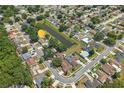 High angle aerial view shows the property's location within a residential neighborhood and close to a pond at 2527 Christine Dr, Kissimmee, FL 34744