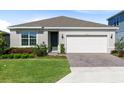 Charming single-story home featuring a manicured lawn, neutral paint, and a two-car garage at 17335 Million Lakes Ct, Clermont, FL 34714