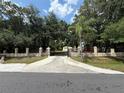 Driveway and gated entrance to the property with brick and stone accents amidst mature trees and manicured grounds at 4981 Lake Cecile Dr, Kissimmee, FL 34746
