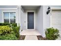 Close-up of the home's entrance, featuring a stylish blue front door and manicured landscaping at 2203 Bluebird Pl, St Cloud, FL 34771