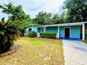 Inviting single-story house with a well-manicured lawn, bright exterior paint, and a cozy carport at 605 Pleasantdale Dr, Wildwood, FL 34785