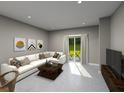 Bright living room with large windows, a comfortable sofa, and access to the backyard at 907 Donahue Pass, Lake Hamilton, FL 33851
