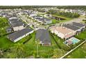 An aerial view of a well-maintained home, green lawn, and backyard pool in a residential neighborhood at 3635 Arbordale Loop, Sanford, FL 32771