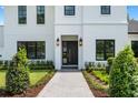 Close-up of modern home's entrance with elegant black door, stylish lighting, and professionally landscaped garden at 734 Terra Pl, Maitland, FL 32751