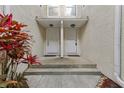 Charming condo entrance with dual entry doors, complimented by a lush tropical plant, offering curb appeal at 6057 Lake Pointe Dr # 408, Orlando, FL 32822