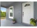 Covered front entry featuring a white front door, side window, gray siding and a decorative hanging flower pot at 7998 Harbor Bend Cir, Orlando, FL 32822