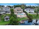 A private backyard oasis featuring a swimming pool, a stone patio, a fire pit, a grassy yard and a dock on the lake at 1010 Terrace Blvd, Orlando, FL 32803