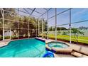 Relaxing screened-in pool and spa area with lush greenery and blue accents at 100 Demens St, Oakland, FL 34760