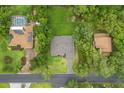 Birds eye view of neighborhood with neighboring homes with pools, solar panels, and lush landscaping at 4528 Yorkshire Ln, Kissimmee, FL 34758
