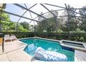 Relaxing screened-in pool and spa area with an inflatable, surrounded by lush greenery at 17614 Woodcrest Way, Clermont, FL 34714