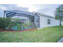 Backyard view featuring a screened-in pool and lush greenery, ideal for outdoor relaxation and entertainment at 8100 Fan Palm Way, Kissimmee, FL 34747