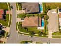 A beautiful home featuring a large pool and well-manicured lawn is showcased in this aerial view at 10829 Royal Cypress Way, Orlando, FL 32836