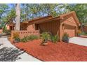 Landscaped detail of side yard with red mulch and mature plantings at 5 W Village Dr, Oviedo, FL 32765