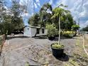 Charming backyard featuring a quaint home, lush greenery, and a variety of potted plants at 40431 Country Rd, Eustis, FL 32736