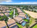 Expansive aerial view of the neighborhood with homes featuring private pools and lush green lawns at 1478 Moon Valley Dr, Davenport, FL 33896