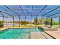 Beautiful pool and spa with a screen enclosure overlooking lush green grass and a lake at 15510 Lake Burnett Shore Ct, Winter Garden, FL 34787