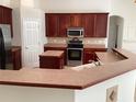 Kitchen featuring stainless steel appliances, dark wood cabinetry, and ample counter space at 2143 Autumn View Dr, Orlando, FL 32825