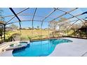 A screened in pool and hot tub featuring lush landscaping and neighborhood views at 8520 La Isla Dr, Kissimmee, FL 34747