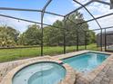 Relaxing outdoor pool with a screened enclosure and a spa, surrounded by lush greenery at 1999 Tropical Palms Cir, Kissimmee, FL 34747