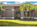 Close-up of front entrance showing double doors framed by palm trees and manicured hedges at 5335 Bay Side Dr, Orlando, FL 32819