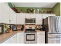 Modern kitchen featuring stainless steel appliances, white cabinetry, and decorative accents at 848 Magnolia Creek Cir, Orlando, FL 32828