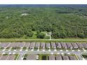 An aerial view showcases the community's layout, backing up to a green wooded area at 1580 Delphi Way, New Smyrna Beach, FL 32168