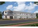 Newly built townhomes with grey siding, stone accents, and charming curb appeal on a sunny day at 4244 Campsite Loop, Orlando, FL 32824