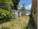 View of a backyard shed featuring a faded metal exterior, set amidst a partially overgrown lawn at 625 E Jackson Ave, Mount Dora, FL 32757